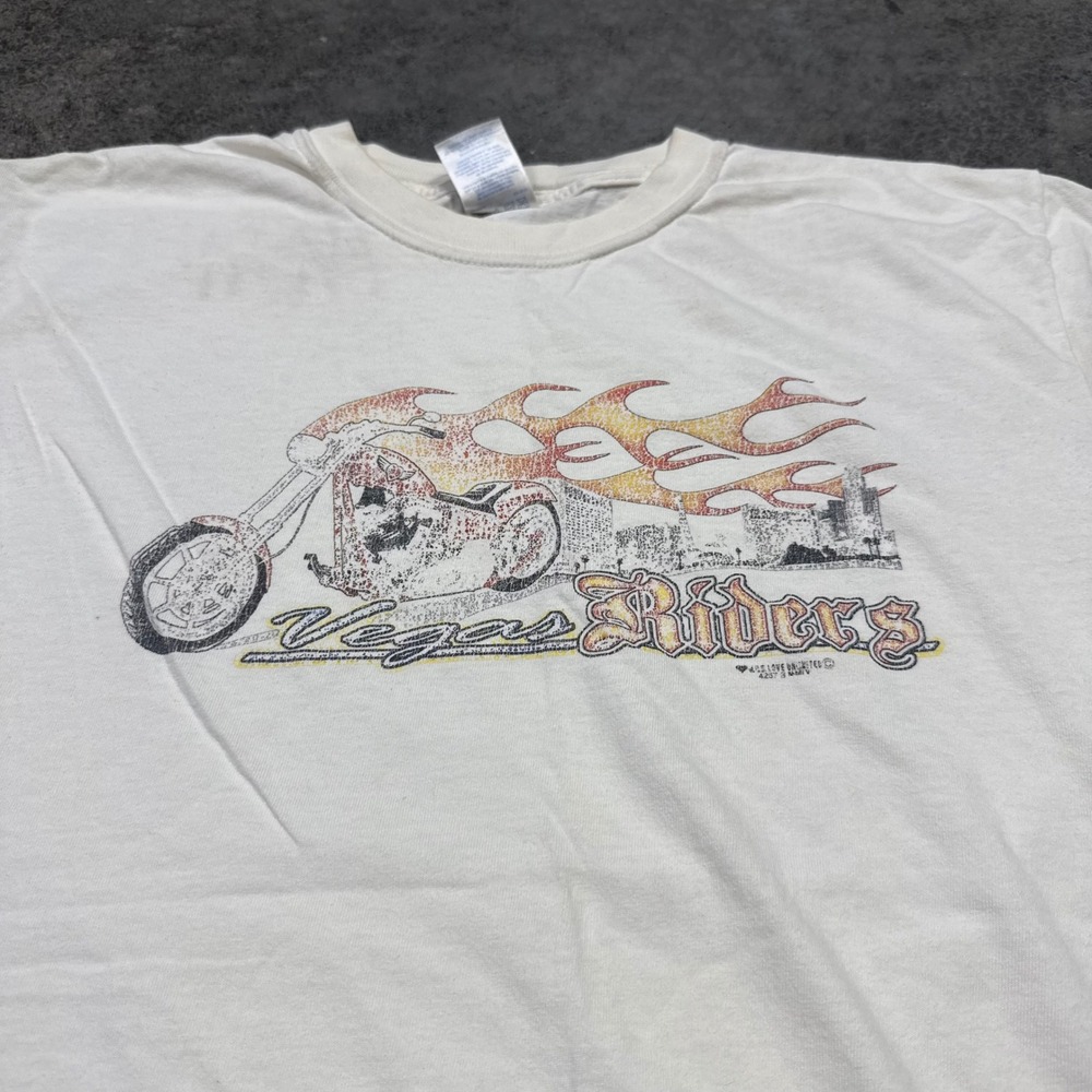 Early 2000s Gildan T Shirt Men M White Vegas Riders Motorcycle Graphic Biker
